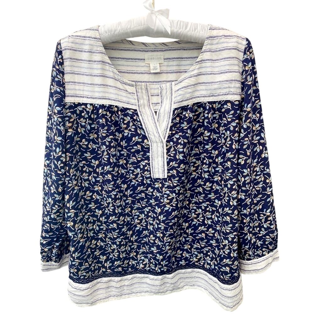 CASLON Navy Mixed Floral Stripe Boho Split Neck Blouse Small Cottagecore